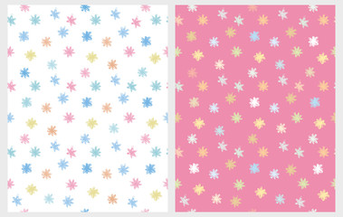 Cute Multicolor Abstract Stars Vector Patterns. White and Pink Backgrounds. Irregular Hand Drawn Simple Graphic. Declicate Illustrations. Infantile Style Design. Pastel Colors.