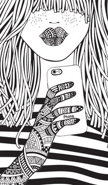 Cool yong girl taking picture on smartphone. Adult Coloring book page. Young woman. Black and white Hand-drawn vector illustration. Zentangle style.