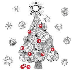 Christmas tree, balls, star. Pattern for coloring book. Black, white and red. Zentangle style.