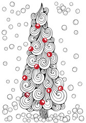 Christmas tree, balls, star. Pattern for coloring book. A4 size. Black, white and red. Zentangle style.