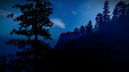 Forest in the mountains at dusk 3d rendering