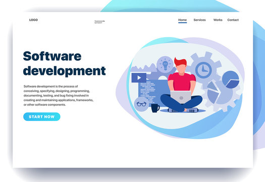 Web page design templates for software development, programming, program language, cyber security concept. Modern vector illustration for website and mobile website. The guy is working on a laptop