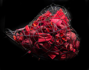 metal heart inside of rose petals