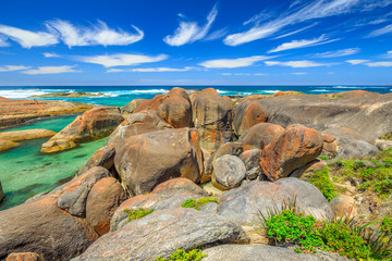 Coastal landscape of Great Southern Ocean. The rock boulders formation along popular Elephant Rocks Walk from Greens Pool to Elephant Cove Beach in William Bay NP, WA. Aerial view from promontory.