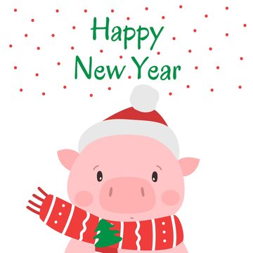 Cute pig in santa hat. Symbol of Chinese New Year 2019. Vector illustration.