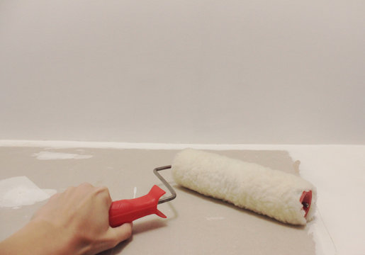 Woman Painting Interior Wall with Paint Roller in Hand at New House. Painter Holding a Roller in Arm, Close Up Conceptual Image of Construction, Renewing, Painting and Renovation of Apartment Room