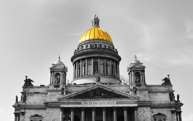Saint Isaac's Cathedral Image with Isolated Golden Dome Part Color Effect in St. Petersburg, Russia. Historic Colored Creative Church Architecture View Outdoors, Isaakievskiy Sobor View on Summer Day