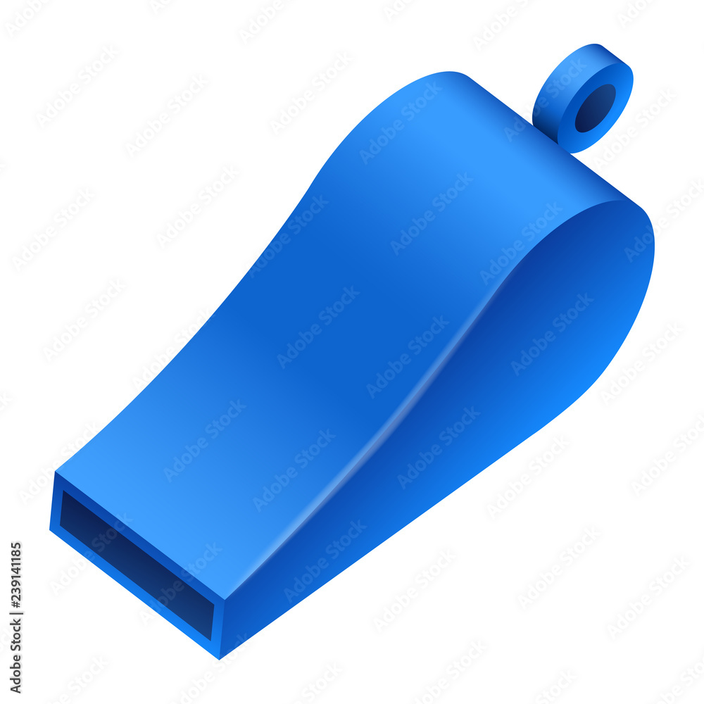 Sticker Training blue whistle icon. Realistic illustration of training blue whistle vector icon for web design