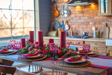 New Year's table. Table, decorated and served for the new year. Kitchen in the house