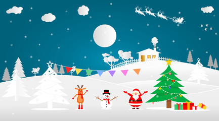 Vector illustration graphic design of Santa Cross, reindeer, Snowman and Christmas tree on the land of snow in front of the full moon on Christmas night with snow falling.