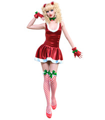 Young beautiful Santa girl doll face. Short red festive dress fur. Long blonde hair. Bright make up. Conceptual fashion art. Realistic 3D render illustration. Christmas, New Year.