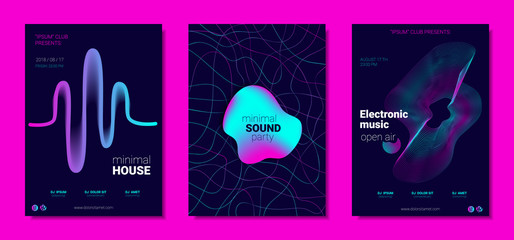 Music Posters Set witn Wave Lines and Distortion. - 239142337