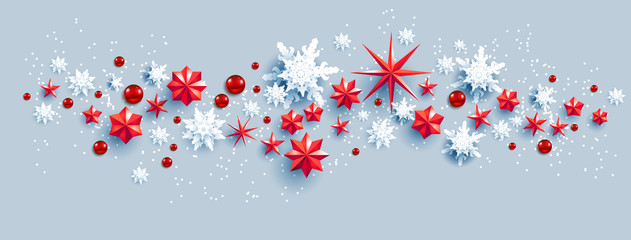 Web Banner Social Media template. Winter decoration with snowflakes, stars and baubles festive luxury background