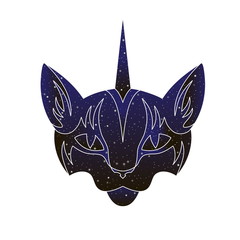 Cat unicorn head. Vector line caticorn animal illustration, night sky color silhouette isolated on white background.
