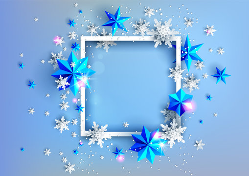 Realistic Shine Banner With Place For Text Template. Shine Winter Decoration On Light Blue Background With Snowflakes And Stars