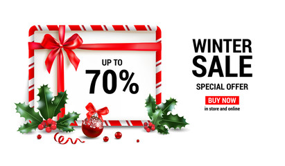 Christmas sale design for banner, ticket, leaflet, card, invitation, poster and so on. Holiday frame with fir tree and festive decorations balls and holly on white background.