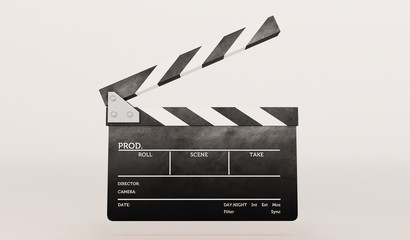 Fototapeta na wymiar 3D rendering of Clapperboard on white background. Movie clapper and film reel on white background