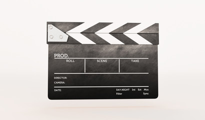 Fototapeta na wymiar 3D rendering of Clapperboard on white background. Movie clapper and film reel on white background