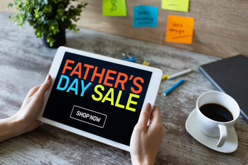 Fathers day sale banner on mobile device screen. Online shopping and digital marketing concept.