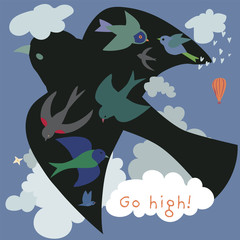 Birds soaring among the clouds. Black bird, a dream. Hand drawn vector illustration in flat colors.
