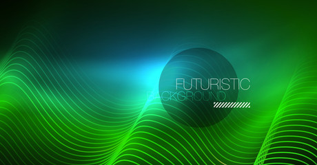 Abstract shiny glowinng color wave design element on dark background - science or technology concept