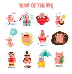 Monthly creative calendar 2019 with cute pig. Symbol of the year in the Chinese calendar. Cartoon. Isolated. Vector illustration.