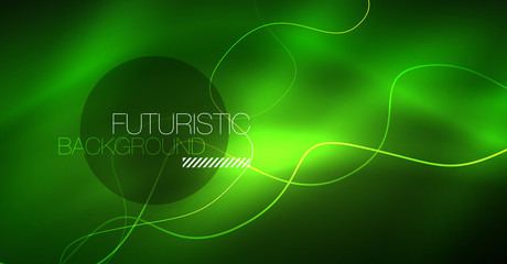 Abstract shiny glowinng color wave design element on dark background - science or technology concept