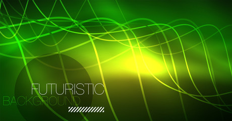 Abstract shiny glowinng color wave design element on dark background - science or technology concept