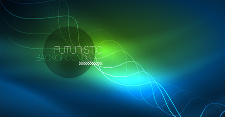 Glowing abstract wave on dark, shiny motion, Christmas and New Year magic space light. Techno abstract background