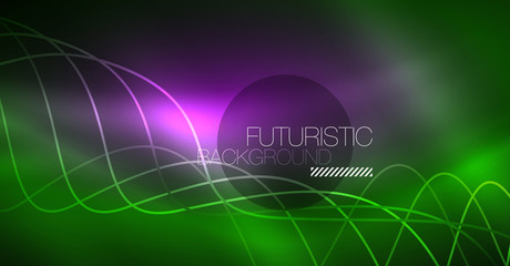 Abstract shiny glowinng color wave design element on dark background - science or technology concept