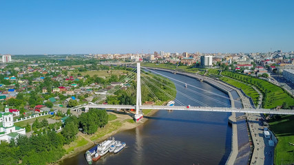 City of Tyumen, Embankment of the River Tura, Bridge of Lovers. Russia, Tyumen, From Dron