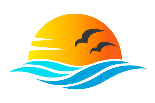 Abstract design of ocean icon or logo with sun, sea waves, sunset and seagulls silhoutte in simple flat style. Concept of travel, holiday or tropical. Vector eps10