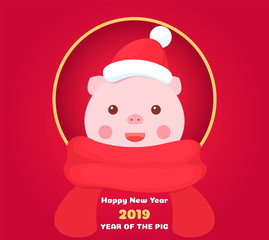 Happy new year 2019. Cute cartoon pig.  Zodiac sign. Greeting card. Vector icon.