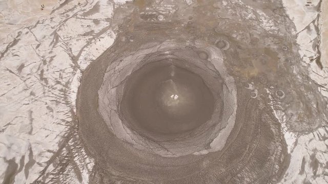 Mud volcano bledug kuwu. aerial view volcanic plateau with geothermal activity and geysers, Indonesia java. aerial view volcanic landscape