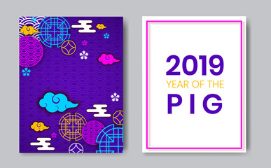 2019 Year of the Pig chinese zodiac year,oriental chinese backdrop traditional circles,flowers,clouds.Happy New Year greeting card,web online concept,asian style background elements