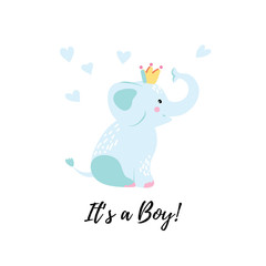 Vector Illustration. Cartoon style icon of funny baby elephant. Baby shower greeting card with simple childish character.