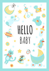 Vector Illustration. Design template card with hand lettering for baby shower. Cute funny toys and different childish elements. Poster for the kid's birthday with text 