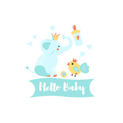 Vector Illustration. Design template card with cartoon style icons of cute elephant, bottle of milk, bird, text. Simple elements for kid comfort and baby shower party.