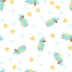 Fototapeta na wymiar Vector Illustration. Seamless pattern with cartoon style icon of funny parrot toy. Background with cute character for baby shower card.
