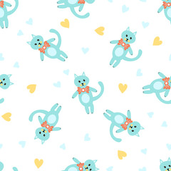 Vector Illustration. Seamless pattern with cartoon style icon of funny kitty. Background with cute character for baby shower card.