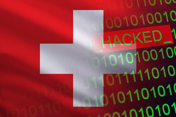 Switzerland hacked state security. Cyberattack on the financial and banking structure. Theft of secret information. On a background of a flag the binary code.