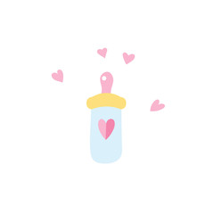 Vector Illustration. Cartoon style icon of baby bottle with milk for happy child. Simple object for baby shower card.