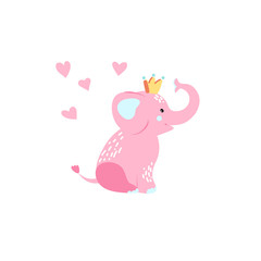 Vector Illustration. Cartoon style icon of funny baby elephant. Simple childish character for baby shower greeting card.
