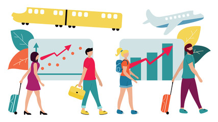 Profitable travel by train or plane. A group of tourists with suitcases going on a trip. Modern flat vector illustration.