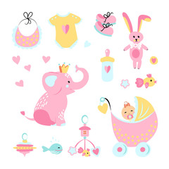 Vector illustration. Icons of cute elephant, bib, onesie, bunny, fish, whale toy,rattle, bottle of milk, girl in stroller for baby shower. Set of simple cartoon elements for birthday card.