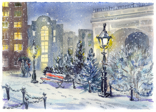 Night town park in the snow, empty bench, couple under umbrella and bright lights. Watercolour illustration for xmas street at europe city. Snowy pines and the roads swept by snow.
