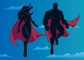 Silhouette illustration of superhero couple, flying high in the sky.  © Malchev