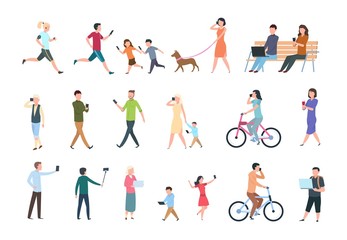People with smartphones. Many women and men with phones. Persons with gadget taking selfie. Vector characters set