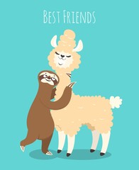 Llama and sloth. Alpaca with sloth lazy bear. Baby t-shirt design, funny vector poster © SpicyTruffel
