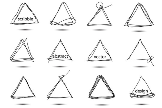 Set of hand drawn scribble triangles. Collection of abstract triangular frames in doddles style.Lateen design element. Continuous line. Vector. Isolated on white background.
